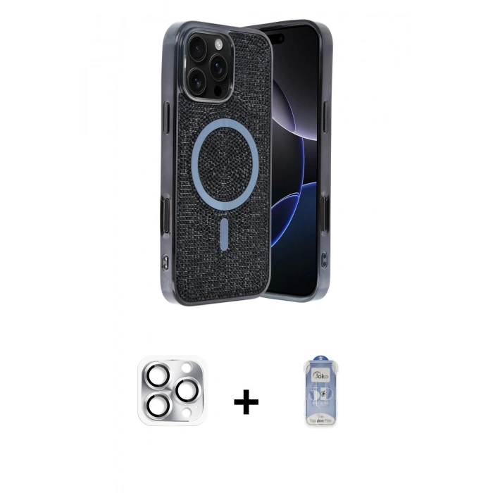 MARSİLYAN™- iPhone 16 Pro Max Kılıf Eksen Çizgi - Siyah Joko Magic 5D Cam + Pers Alüminyum Kamera Lens - GS