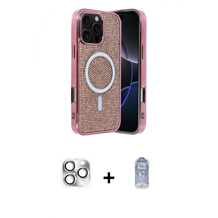 MARSİLYAN™- iPhone 16 Pro Max Kılıf Eksen Çizgi - Siyah Joko Magic 5D Cam + Pers Alüminyum Kamera Lens - GS