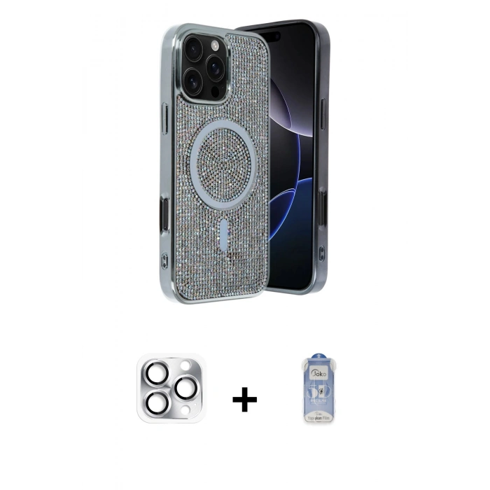 MARSİLYAN™- iPhone 16 Pro Max Kılıf Eksen Çizgi - Siyah Joko Magic 5D Cam + Pers Alüminyum Kamera Lens - GS