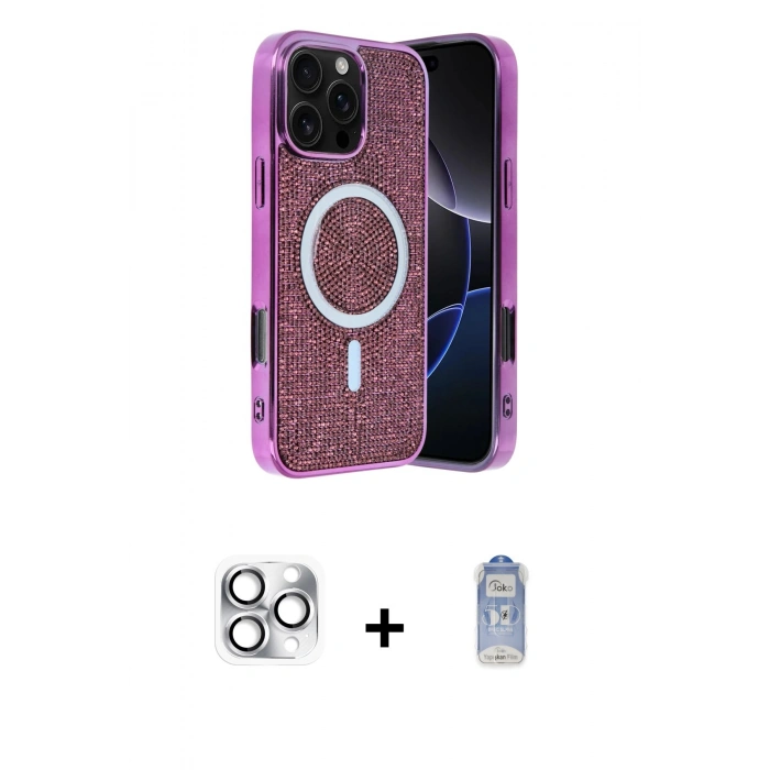 MARSİLYAN™- iPhone 16 Pro Max Kılıf Eksen Çizgi - Siyah Joko Magic 5D Cam + Pers Alüminyum Kamera Lens - GS