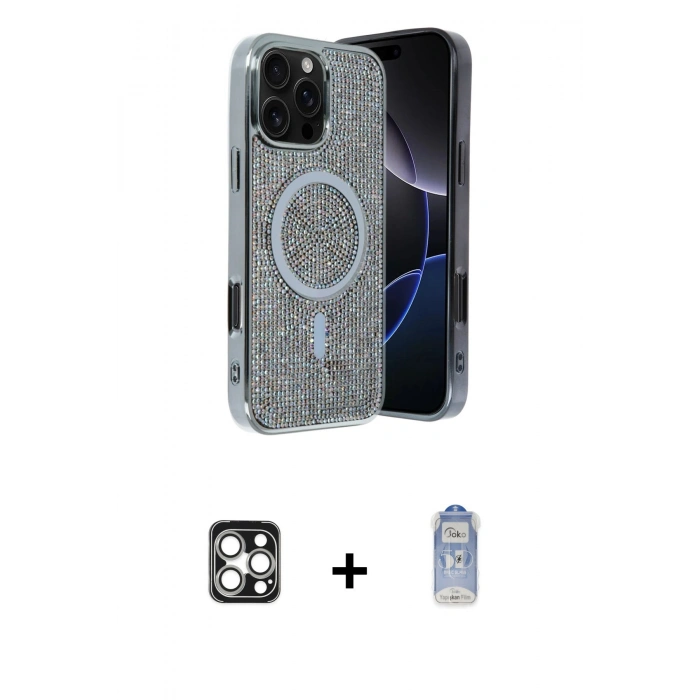 MARSİLYAN™- iPhone 16 Pro Max Kılıf Eksen Çizgi - Siyah Joko Magic 5D Cam + PVD Metal Kamera Lens - GS