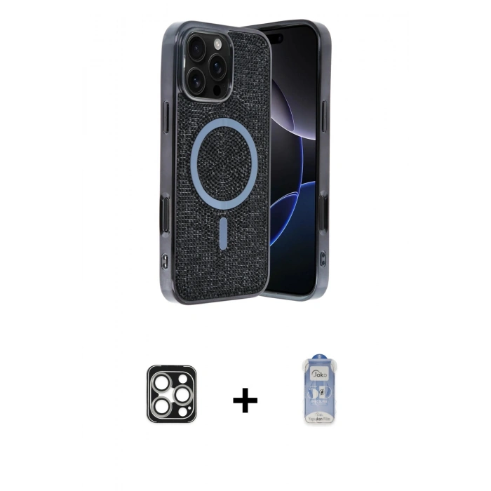 MARSİLYAN™- iPhone 16 Pro Max Kılıf Eksen Çizgi - Siyah Joko Magic 5D Cam + PVD Metal Kamera Lens - GS