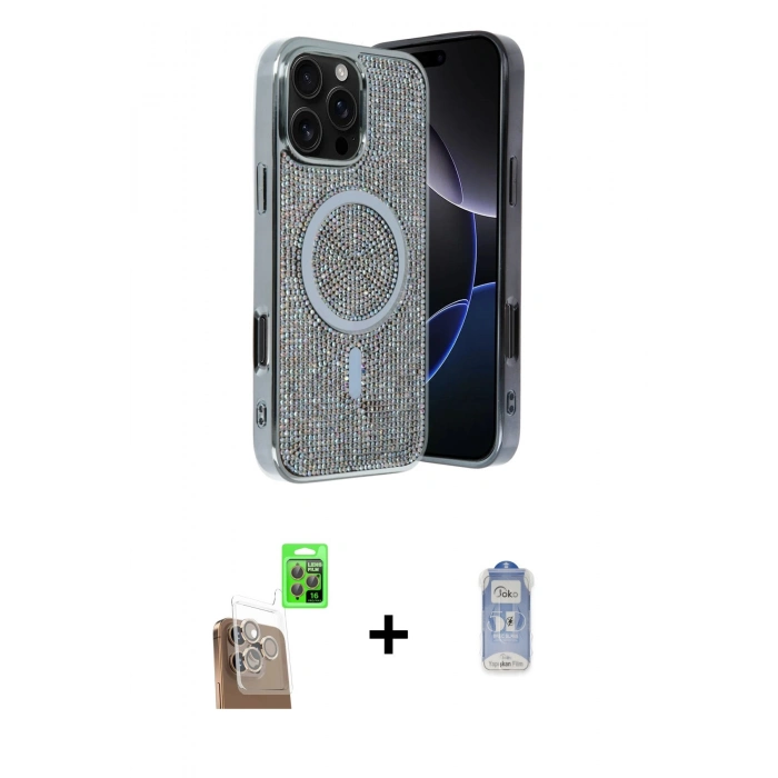 MARSİLYAN™- iPhone 16 Pro Max Kılıf Eksen Çizgi - Siyah Joko Magic 5D Cam + Raze Metal Kamera Lens - CLTM