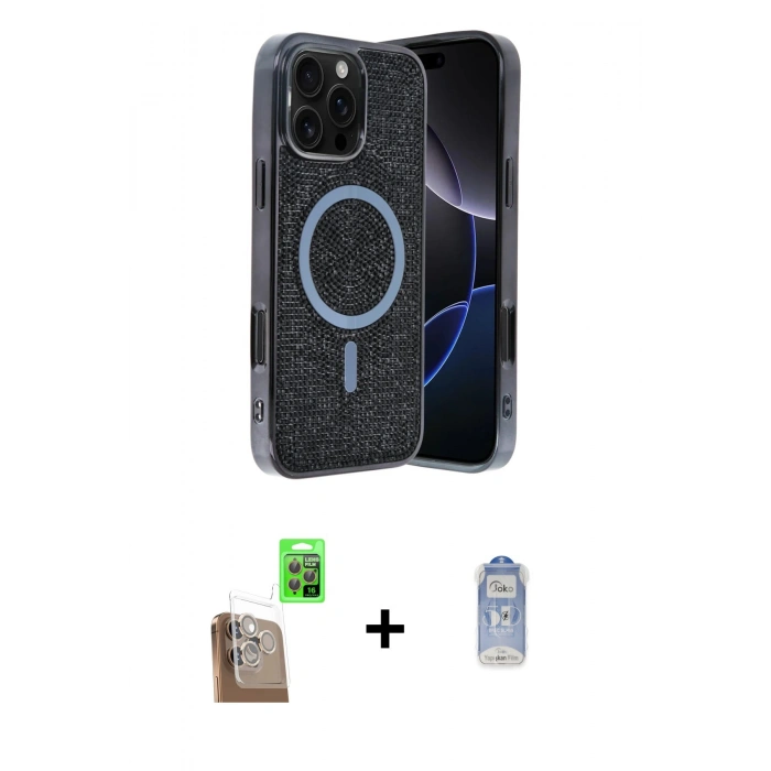 MARSİLYAN™- iPhone 16 Pro Max Kılıf Eksen Çizgi - Siyah Joko Magic 5D Cam + Raze Metal Kamera Lens - CLTM
