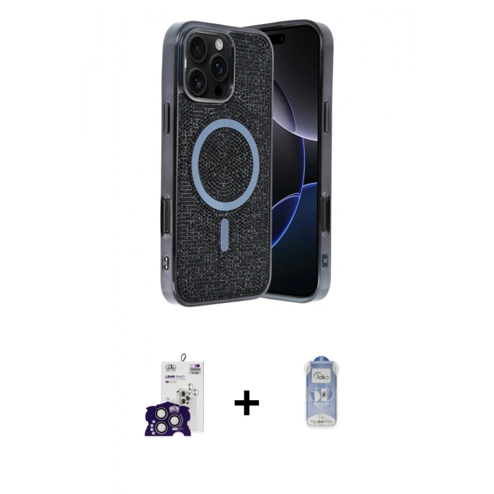 MARSİLYAN™- iPhone 16 Pro Max Kılıf Eksen Çizgi - Siyah Joko Magic 5D Cam + Titanyum Gri Bilvis Titan Kamera Lens