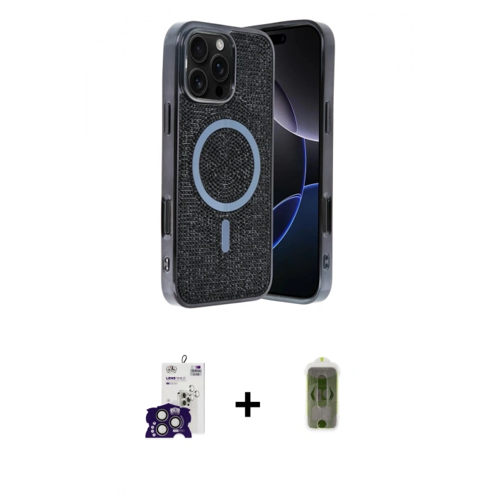 MARSİLYAN™- iPhone 16 Pro Max Kılıf Eksen Çizgi - Siyah Joko Magic 5D Hayalet Cam + Bilvis Titan Kamera Lens - TMGI