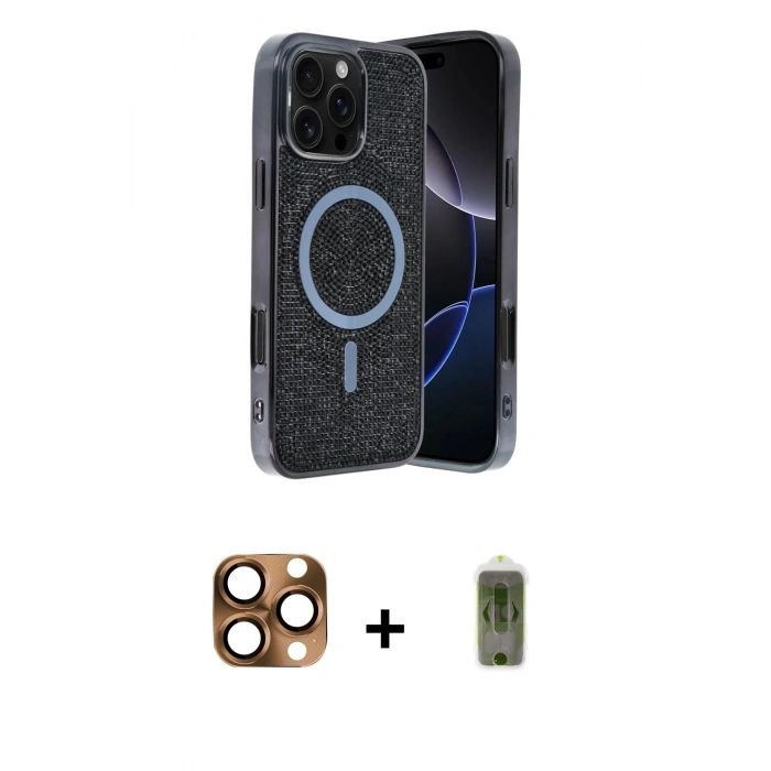 MARSİLYAN™- iPhone 16 Pro Max Kılıf Eksen Çizgi - Siyah Joko Magic 5D Hayalet Cam + Pers Alüminyum Kamera Lens - CLTM