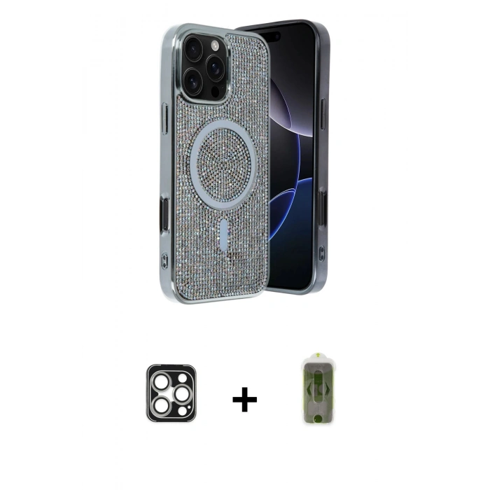 MARSİLYAN™- iPhone 16 Pro Max Kılıf Eksen Çizgi - Siyah Joko Magic 5D Hayalet Cam + PVD Metal Kamera Lens - GS