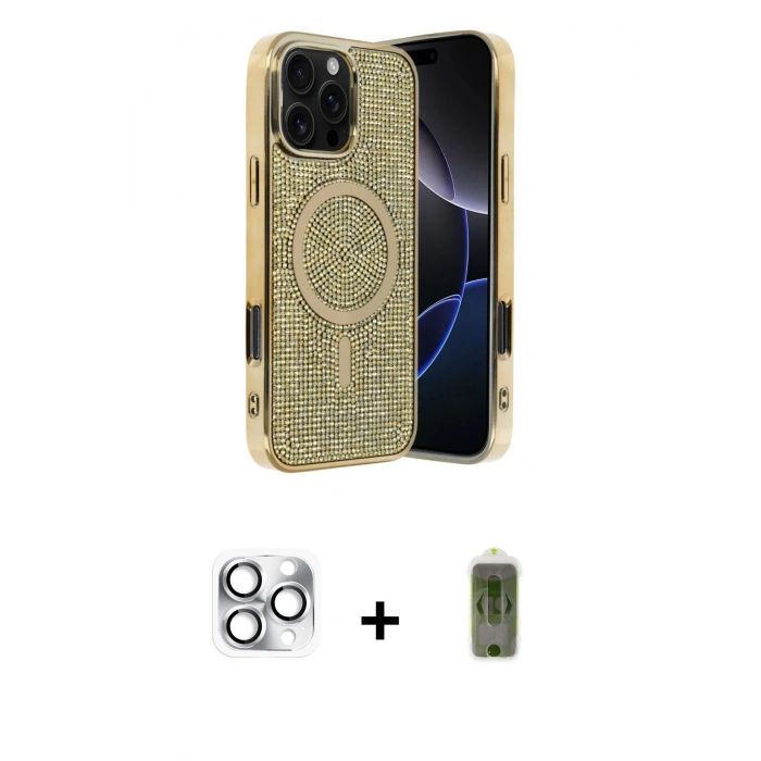 MARSİLYAN™- iPhone 16 Pro Max Kılıf Eksen Çizgi - Siyah Joko Magic 5D Hayalet Cam + Pers Alüminyum Kamera Lens - GS