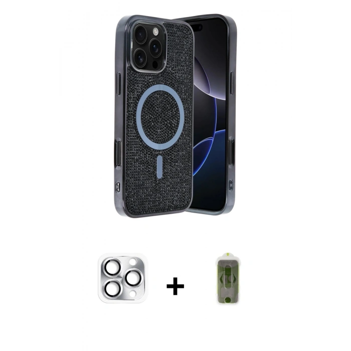 MARSİLYAN™- iPhone 16 Pro Max Kılıf Eksen Çizgi - Siyah Joko Magic 5D Hayalet Cam + Pers Alüminyum Kamera Lens - GS