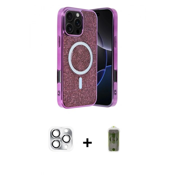 MARSİLYAN™- iPhone 16 Pro Max Kılıf Eksen Çizgi - Siyah Joko Magic 5D Hayalet Cam + Pers Alüminyum Kamera Lens - GS