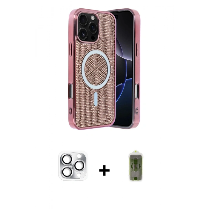 MARSİLYAN™- iPhone 16 Pro Max Kılıf Eksen Çizgi - Siyah Joko Magic 5D Hayalet Cam + Pers Alüminyum Kamera Lens - GS