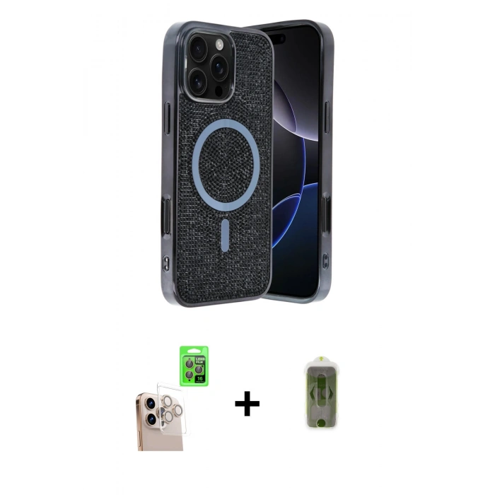 MARSİLYAN™- iPhone 16 Pro Max Kılıf Eksen Çizgi - Siyah Joko Magic 5D Hayalet Cam + Raze Metal Kamera Lens - NLGY