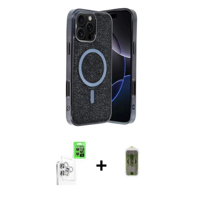 MARSİLYAN™- iPhone 16 Pro Max Kılıf Eksen Çizgi - Siyah Joko Magic 5D Hayalet Cam + Raze Metal Kamera Lens - BZ