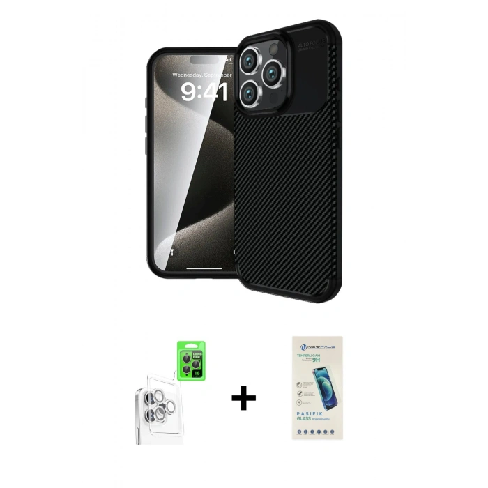 MARSİLYAN™- iPhone 16 Pro Max Kılıf Eksen Form Prime - Şeffaf Pasifik Cam Ekran Koruyucu + Raze Metal Kamera Lens - BZ