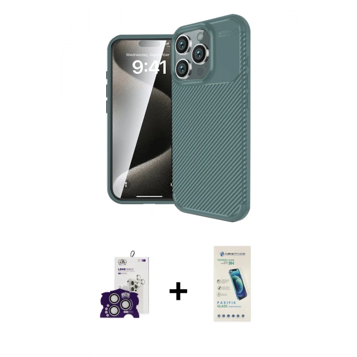 MARSİLYAN™- iPhone 16 Pro Max Kılıf Eksen Form Prime - Şeffaf Pasifik Cam Ekran Koruyucu + Bilvis Titan Kamera Lens - GS