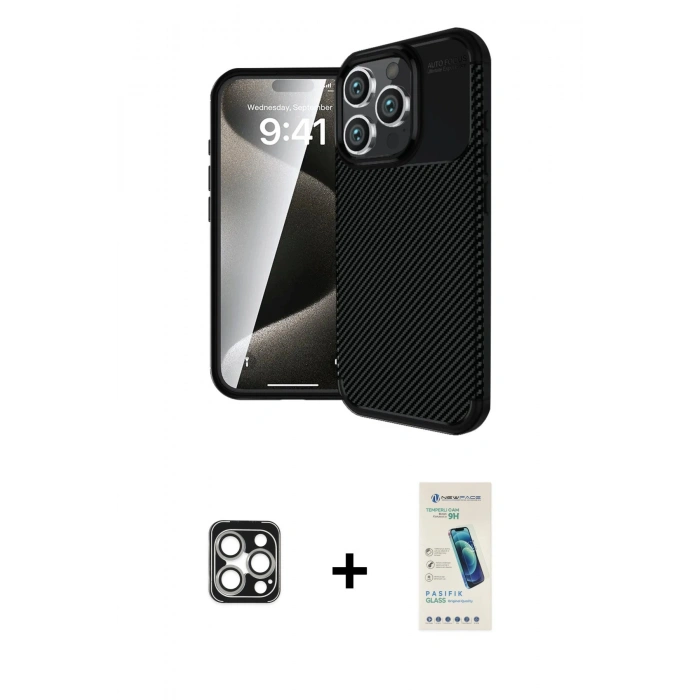 MARSİLYAN™- iPhone 16 Pro Max Kılıf Eksen Form Prime - Şeffaf Pasifik Cam Ekran Koruyucu + Gümüş PVD Metal Kamera Lens