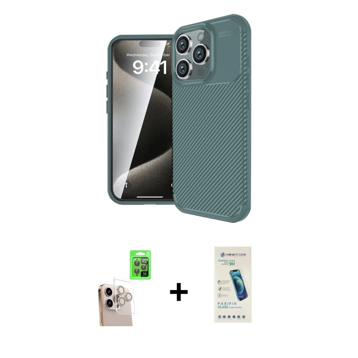 MARSİLYAN™- iPhone 16 Pro Max Kılıf Eksen Form Prime - Şeffaf Pasifik Cam Ekran Koruyucu + Raze Metal Kamera Lens - NLGY