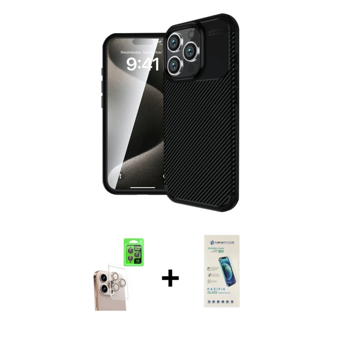 MARSİLYAN™- iPhone 16 Pro Max Kılıf Eksen Form Prime - Şeffaf Pasifik Cam Ekran Koruyucu + Raze Metal Kamera Lens - NLGY