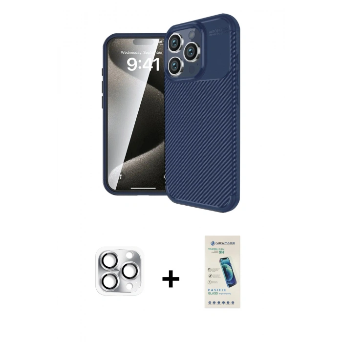 MARSİLYAN™- iPhone 16 Pro Max Kılıf Eksen Form Prime - Şeffaf Pasifik Cam Ekran Koruyucu + Pers Alüminyum Kamera Lens - GS
