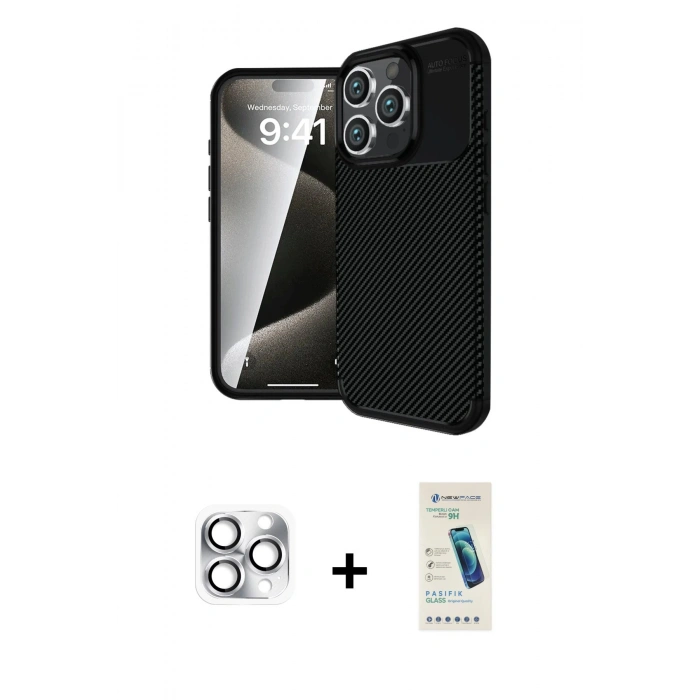 MARSİLYAN™- iPhone 16 Pro Max Kılıf Eksen Form Prime - Şeffaf Pasifik Cam Ekran Koruyucu + Pers Alüminyum Kamera Lens - GS