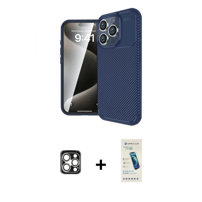 MARSİLYAN™- iPhone 16 Pro Max Kılıf Eksen Form Prime - Şeffaf Pasifik Cam Ekran Koruyucu + PVD Metal Kamera Lens - GS