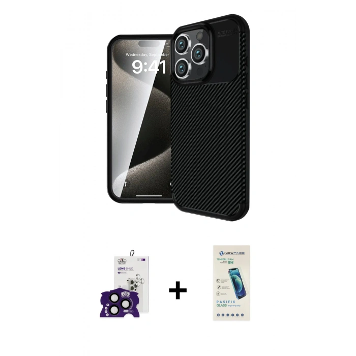 MARSİLYAN™- iPhone 16 Pro Max Kılıf Eksen Form Prime - Şeffaf Pasifik Cam Ekran Koruyucu + Siyah Bilvis Titan Kamera Lens
