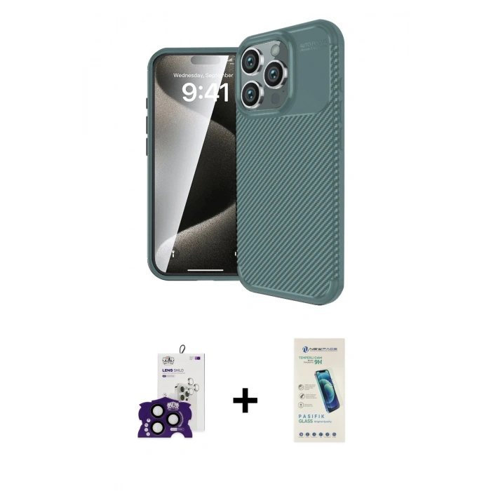 MARSİLYAN™- iPhone 16 Pro Max Kılıf Eksen Form Prime - Şeffaf Pasifik Cam Ekran Koruyucu + Siyah Bilvis Titan Kamera Lens