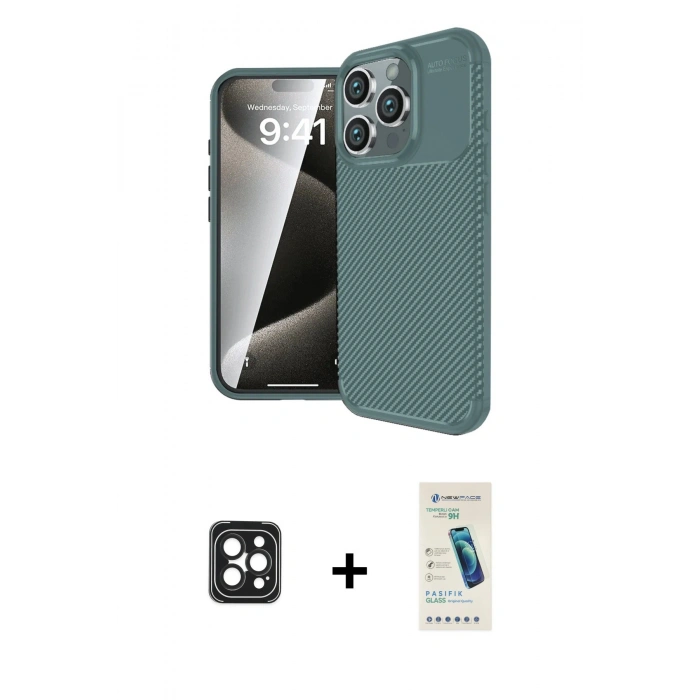 MARSİLYAN™- iPhone 16 Pro Max Kılıf Eksen Form Prime - Şeffaf Pasifik Cam Ekran Koruyucu + PVD Metal Kamera Lens - SH