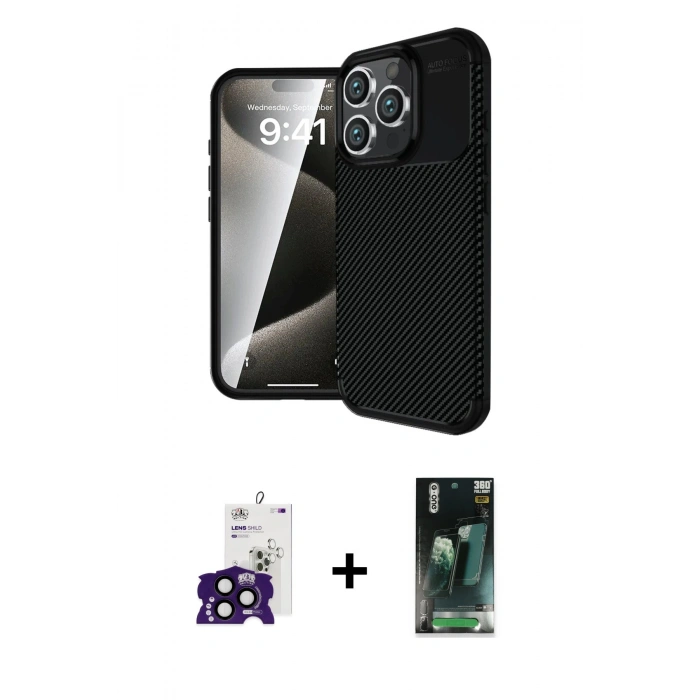 MARSİLYAN™- iPhone 16 Pro Max Kılıf Eksen Form Prime - Siyah 360 Mat Full Body Arka Koruyucu + Bilvis Titan Kamera Lens - SH
