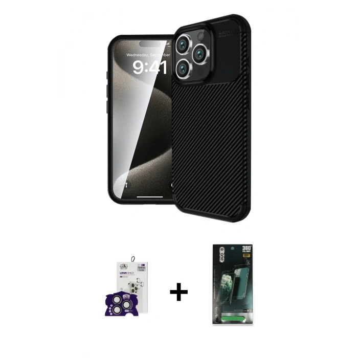 MARSİLYAN™- iPhone 16 Pro Max Kılıf Eksen Form Prime - Siyah 360 Mat Full Body Arka Koruyucu + Bilvis Titan Kamera Lens - TMGI