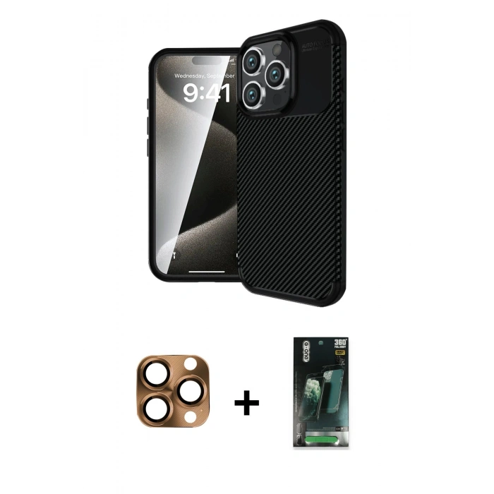 MARSİLYAN™- iPhone 16 Pro Max Kılıf Eksen Form Prime - Siyah 360 Mat Full Body Arka Koruyucu + Pers Alüminyum Kamera Lens - CLTM