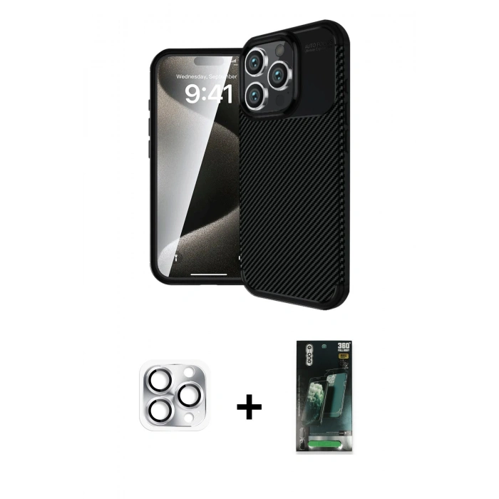 MARSİLYAN™- iPhone 16 Pro Max Kılıf Eksen Form Prime - Siyah 360 Mat Full Body Arka Koruyucu + Pers Alüminyum Kamera Lens - GS