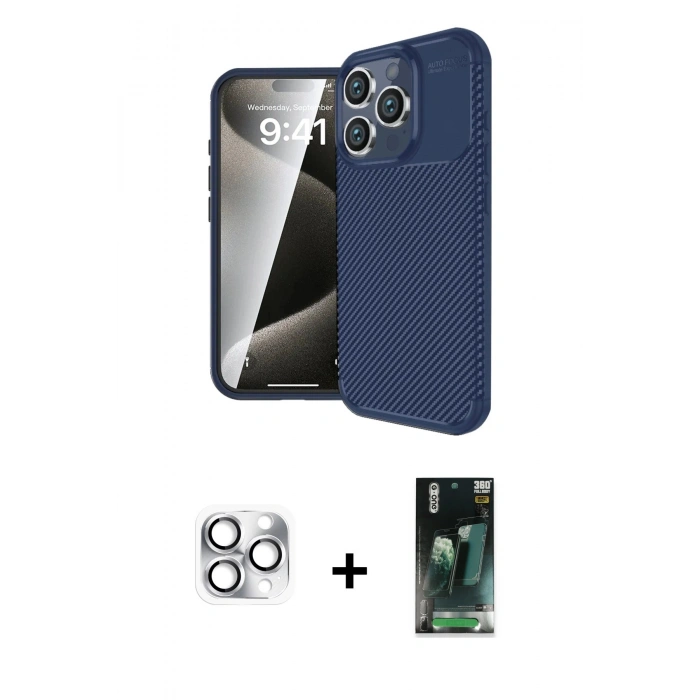 MARSİLYAN™- iPhone 16 Pro Max Kılıf Eksen Form Prime - Siyah 360 Mat Full Body Arka Koruyucu + Pers Alüminyum Kamera Lens - GS
