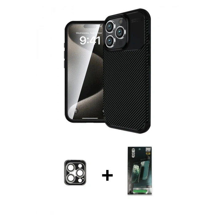 MARSİLYAN™- iPhone 16 Pro Max Kılıf Eksen Form Prime - Siyah 360 Mat Full Body Arka Koruyucu + PVD Metal Kamera Lens - GS