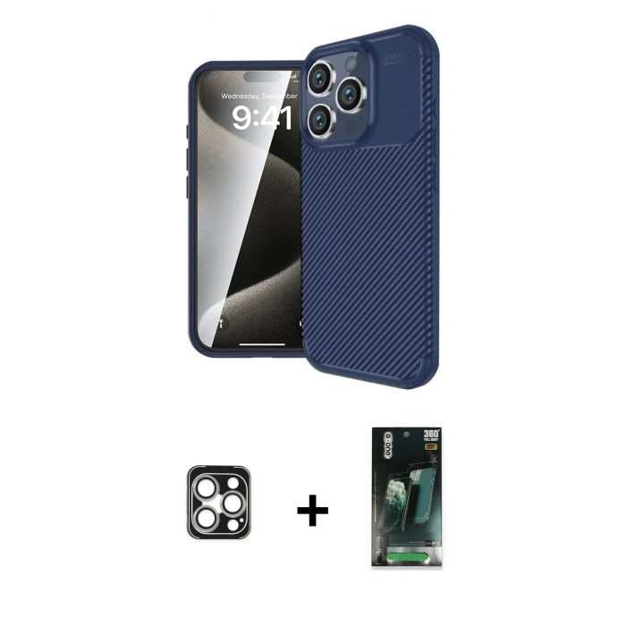MARSİLYAN™- iPhone 16 Pro Max Kılıf Eksen Form Prime - Siyah 360 Mat Full Body Arka Koruyucu + PVD Metal Kamera Lens - GS