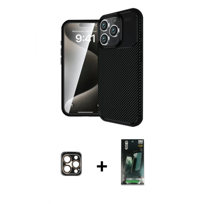 MARSİLYAN™- iPhone 16 Pro Max Kılıf Eksen Form Prime - Siyah 360 Mat Full Body Arka Koruyucu + PVD Metal Kamera Lens - GD