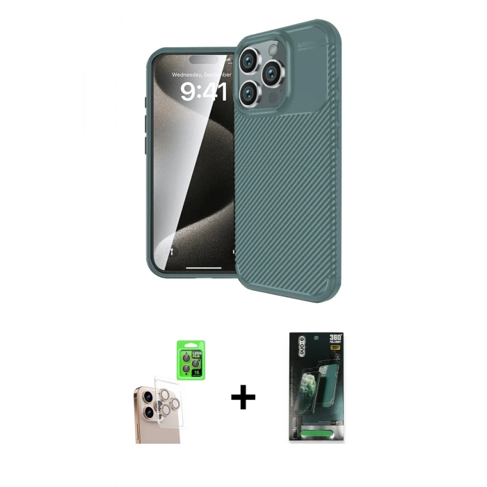 MARSİLYAN™- iPhone 16 Pro Max Kılıf Eksen Form Prime - Siyah 360 Mat Full Body Arka Koruyucu + Raze Metal Kamera Lens - NLGY
