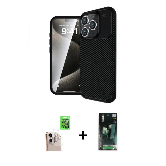 MARSİLYAN™- iPhone 16 Pro Max Kılıf Eksen Form Prime - Siyah 360 Mat Full Body Arka Koruyucu + Raze Metal Kamera Lens - NLGY