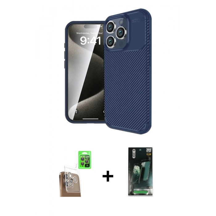 MARSİLYAN™- iPhone 16 Pro Max Kılıf Eksen Form Prime - Siyah 360 Mat Full Body Arka Koruyucu + Raze Metal Kamera Lens - CLTM