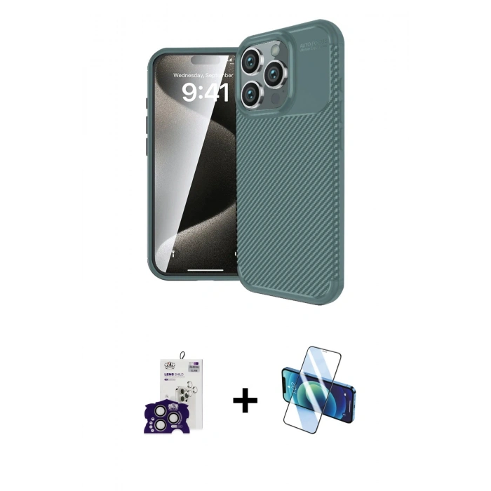MARSİLYAN™- iPhone 16 Pro Max Kılıf Eksen Form Prime - Siyah 3D Antistatik Cam Ekran Koruyucu + Bilvis Titan Kamera Lens - TMGI
