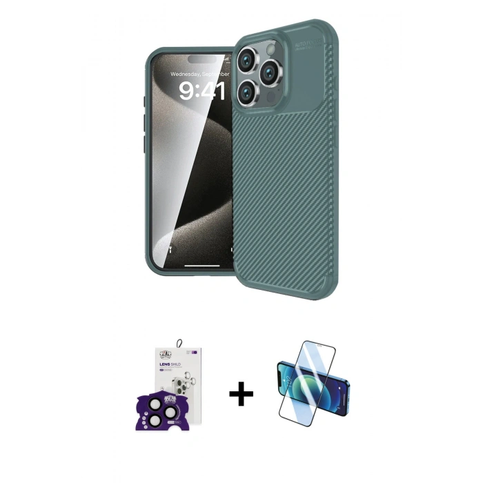 MARSİLYAN™- iPhone 16 Pro Max Kılıf Eksen Form Prime - Siyah 3D Antistatik Cam Ekran Koruyucu + Bilvis Titan Kamera Lens - SH