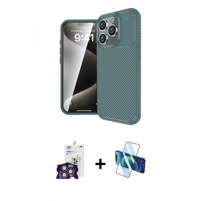 MARSİLYAN™- iPhone 16 Pro Max Kılıf Eksen Form Prime - Siyah 3D Antistatik Cam Ekran Koruyucu + Bilvis Titan Kamera Lens - GS