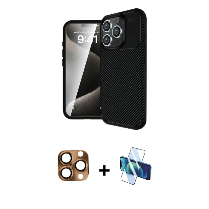 MARSİLYAN™- iPhone 16 Pro Max Kılıf Eksen Form Prime - Siyah 3D Antistatik Cam Ekran Koruyucu + Pers Alüminyum Kamera Lens - CLTM