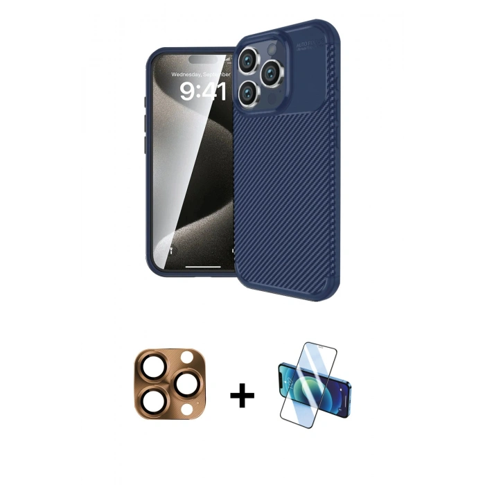 MARSİLYAN™- iPhone 16 Pro Max Kılıf Eksen Form Prime - Siyah 3D Antistatik Cam Ekran Koruyucu + Pers Alüminyum Kamera Lens - CLTM