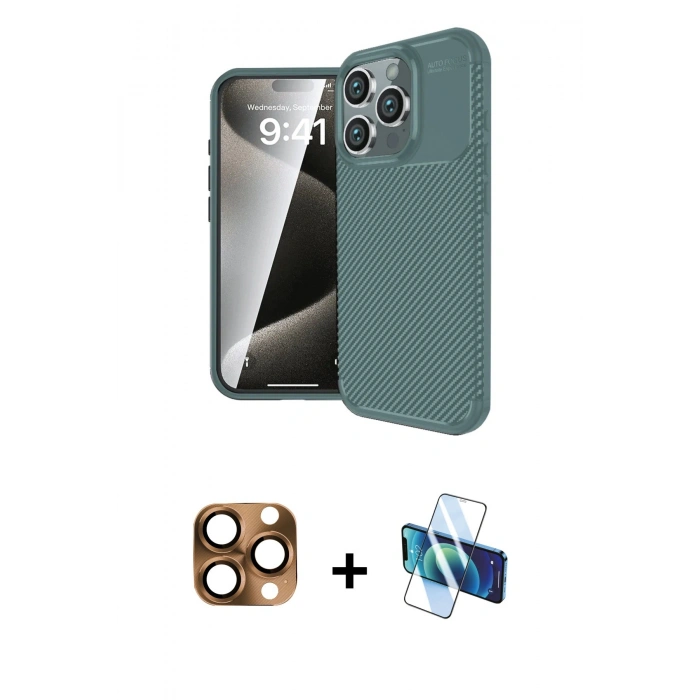 MARSİLYAN™- iPhone 16 Pro Max Kılıf Eksen Form Prime - Siyah 3D Antistatik Cam Ekran Koruyucu + Pers Alüminyum Kamera Lens - CLTM