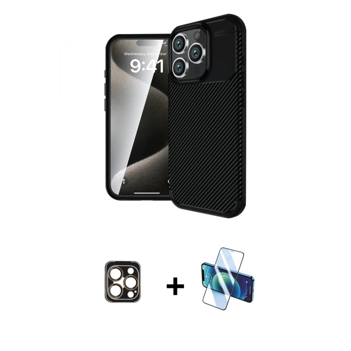 MARSİLYAN™- iPhone 16 Pro Max Kılıf Eksen Form Prime - Siyah 3D Antistatik Cam Ekran Koruyucu + PVD Metal Kamera Lens - GD