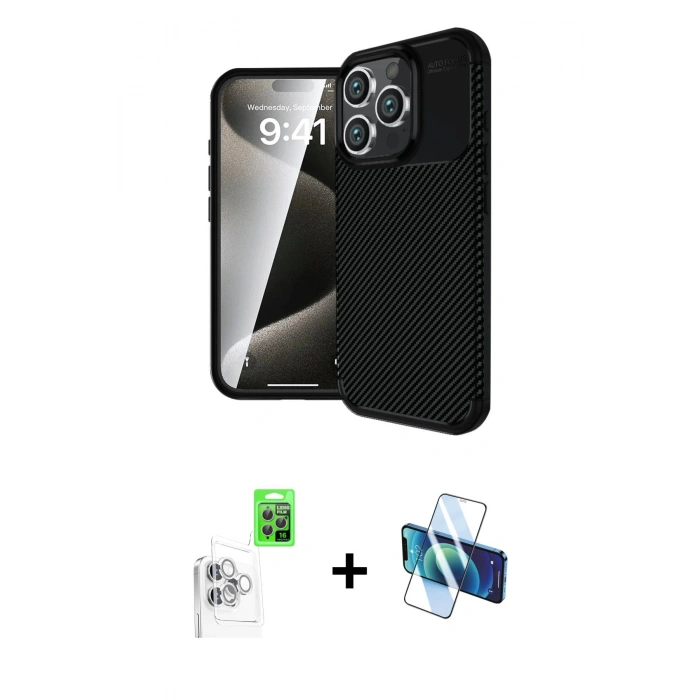 MARSİLYAN™- iPhone 16 Pro Max Kılıf Eksen Form Prime - Siyah 3D Antistatik Cam Ekran Koruyucu + Raze Metal Kamera Lens - BZ
