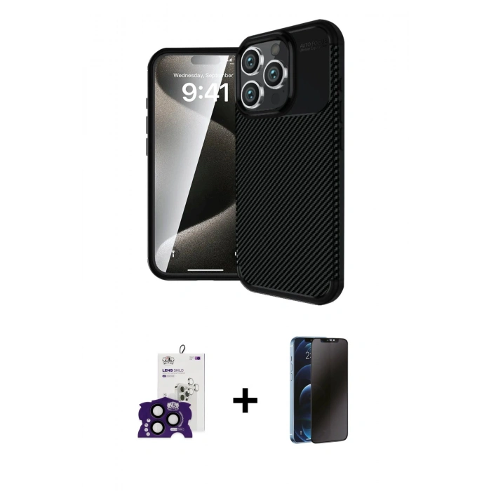 MARSİLYAN™- iPhone 16 Pro Max Kılıf Eksen Form Prime - Siyah 3D Antistatik Hayalet Cam Ekran Koruyucu + Bilvis Titan Kamera Lens - SH