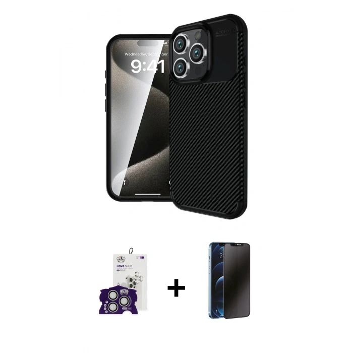 MARSİLYAN™- iPhone 16 Pro Max Kılıf Eksen Form Prime - Siyah 3D Antistatik Hayalet Cam Ekran Koruyucu + Bilvis Titan Kamera Lens - GS